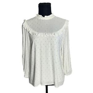 Draper James RSVP Gold Metallic and White Clip Dot Mock Neck Lined Blous…